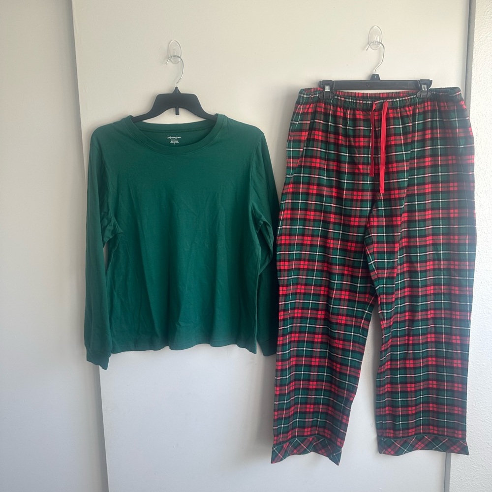 Classic Green Long-Sleeve Top with Red & Green Plaid Pajama Pants Set Unisex